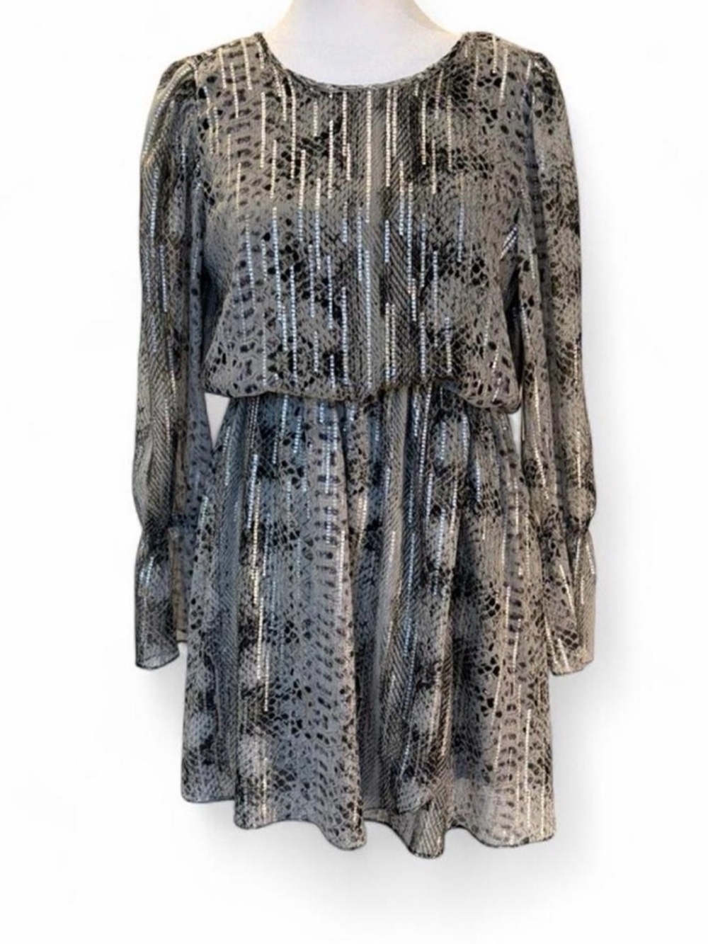 1. State Silver-Gray Snake Print Long Sleeve Mini Dress